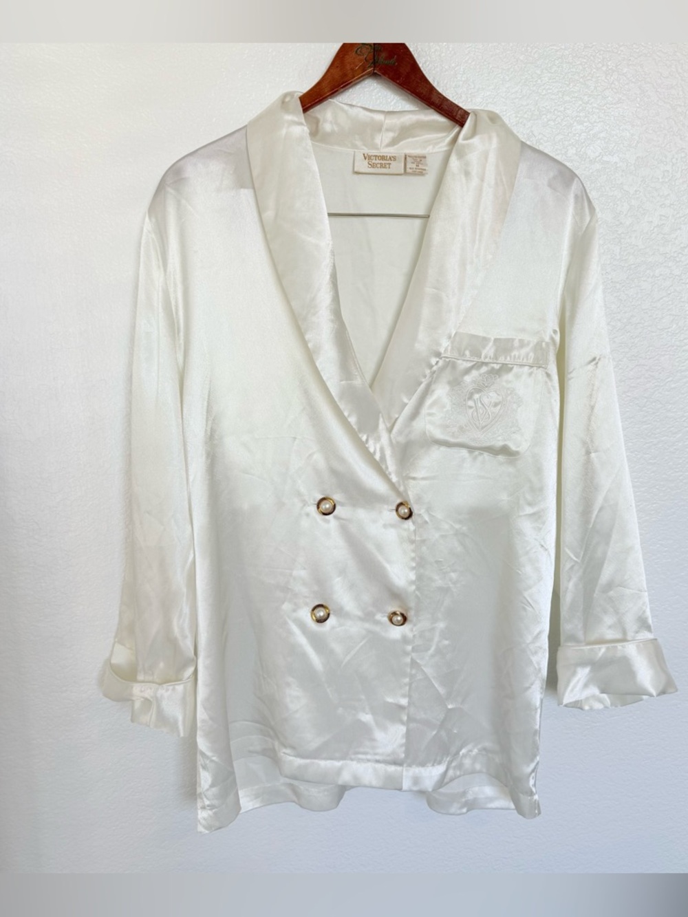 Victoria’s Secret Satin Pajama Top M Ivory Pearl Button Embroidered VS Crest
